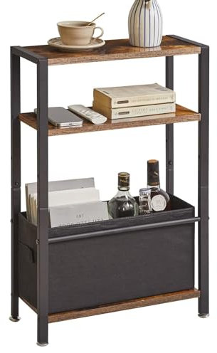 Aibiju Beistelltisch, 3-stufiger Kleiner Schmaler Sofatisch mit Ablagefach, Schlanke Couchtisch mit Stoffkorb für schmale und Kleine Räume, Rustikales Braun, YD-TM052H