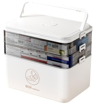 3 Regal Medikamenten Aufbewahrung Tragbarer Mehrzweck Medikamentenbox mit Transparentem Deckel Tragegriff,Bastelkoffer Sortierbox Aufbewahrungsbox Hausapotheke Box,Erste Hilfe Kasten (40.5x16.5x28cm)