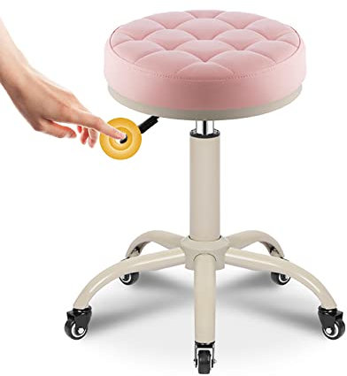 Höhenverstellbarer runder Rollhocker mit Rollen, drehbarer Barhocker mit Kunstledersitz, ideal für Küche, Bar, Salon, Spa, Klinik und Büro, Rosa, 45 x 60 cm Höhenbereich