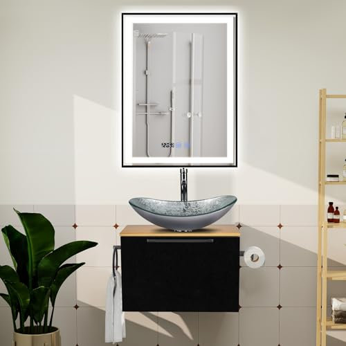 YU YUSING Badmöbel Set Waschbeckenunterschrank Badezimmerschrank 60cm Waschbecken Unterschrank, Badspiegel LED Schwarzer Metallrahmen 60x80cm, Anti-Beschlag,Badezimmermöbel mit Waschtisch(Oval Silber)