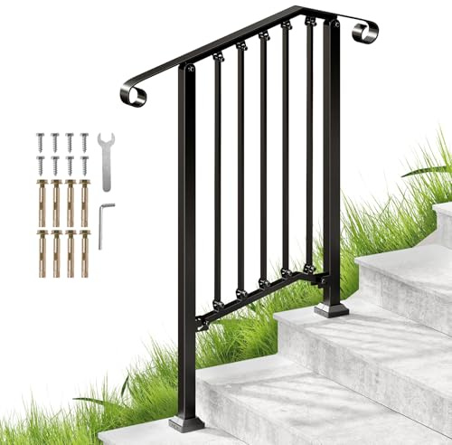 Roomark Treppengeländer Außen für 2 oder 3 Stufen, Treppengeländer Innen für Betonstufen, Handlauf Treppe für Veranda, Schmiedeeiserner Geländer & Balkongeländer (Schwarz(2-3 Steps))