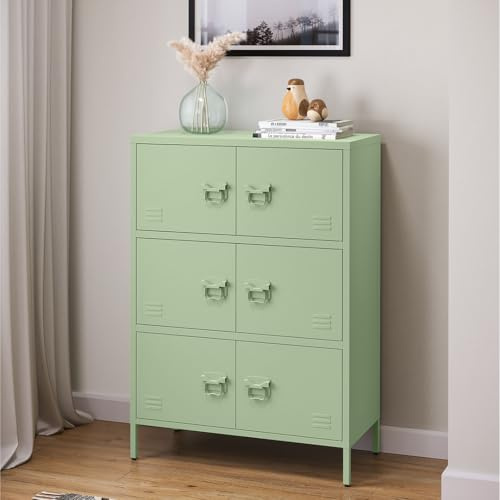 skølm Zandor Metall Kommode – Sideboard mit 3 Fächern & 6 Türen – Metallschrank in Mintgrün – Mehrzweckschrank – Highboard 80 cm breit – höhenverstellbare Füße – Aufbewahrungsschrank – Flurschrank