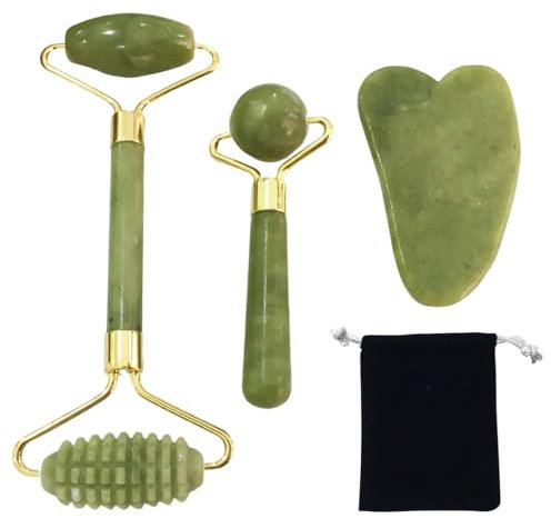 Guasha Viso Kit, Gua Sha Massaggiatore Viso, Rullo di Giada per il Viso e Gua Sha Autentica, Massaggiatore viso e Corpo per Lenire la Pelle