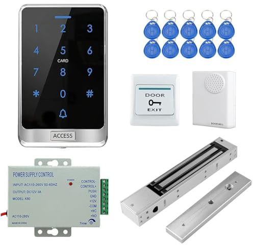 YAVIS Full Set RFID Contrôleur d'accès à écran Tactile étanche Extérieur 125KHz Clavier Lecteur de cartes, Serrure Magnétique Electrique 280kg/600lbs NC, Alimentation 3A, Sonnette de porte Boutons Clé