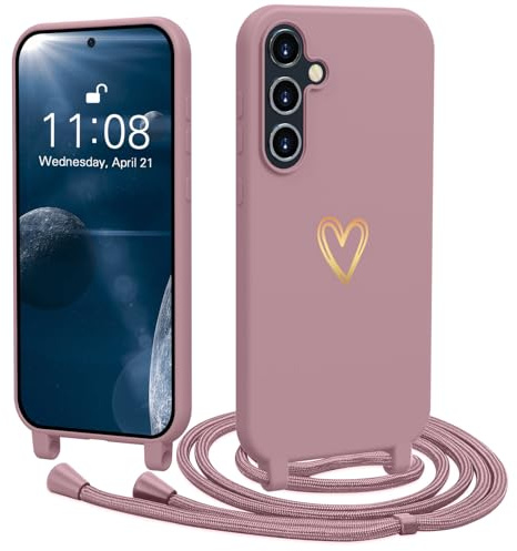 Yoawiful Handykette für Samsung Galaxy S25 Hülle Silikon mit Niedliches Herzmuster Design Necklace Handyhülle Samsung S25, stoßfest dünn weich Kratzfest Case für Samsung S25 5G Hellrosa