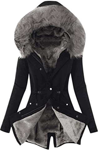 FUPODD Wintermantel Damen Mittellang Winterjacke Warm Gefüttert Fleece Parka Mantel Mit Kapuze Kunstpelzkragen Übergangsjacke Mit Knöpfen Zipper Jacke Frauen Winter Winterparka Verdickene Outdoor