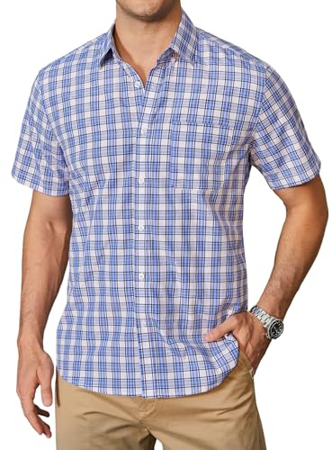 HISDERN Camisa de Cuadros Hombre Manga Corta Camisas Verano para Hombre Casual Clásica Botones con Bolsillo Regular Fit Azul & Blanco 3XL
