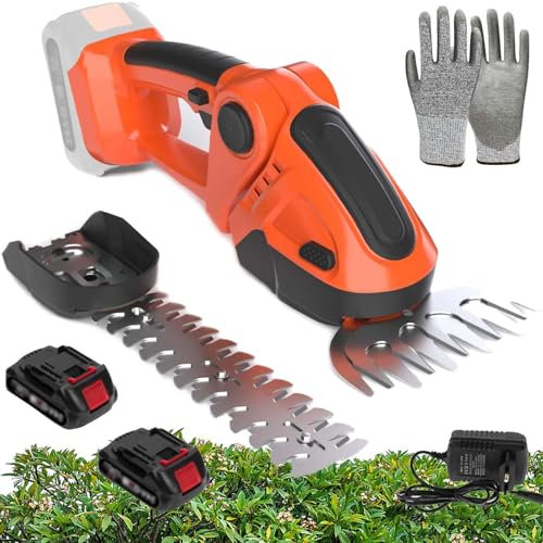 Cordless Hedge Trimmer，2-in-1 Hedge Cutter & Grass Shear，with 2 x 1500mAh Batteries, 22cm Long Blade + 13cm Wide Blade，Garden Hedge Cutter for Lawn, Branches Pruning Hedge