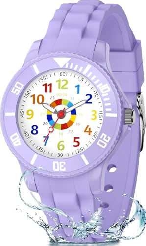 Ayybboo Orologio Bambino Didattico Bambini con Quadrante Leggibile,Imparare l'Ora Facile,Impermeabile 3ATM,Cinturino Morbido Regolabile,Educativo Regalo per Ragazzi e Ragazze 4-12 Anni (Viola)