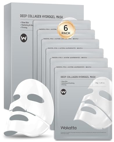 Collagen Face Mask 6PCS, Wokatta Deep Hydrating Overnight Hydrogel Mask, Moisturising & Firming, Reduce Wrinkles & Improve Elasticity, Shrink Pores & Smooth Skin, Facial Skincare