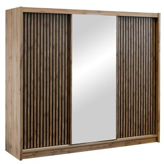 Vente-unique - Armoire 3 Portes coulissantes - avec Miroir - L250 cm - Coloris : Naturel et Noir - CALOWI