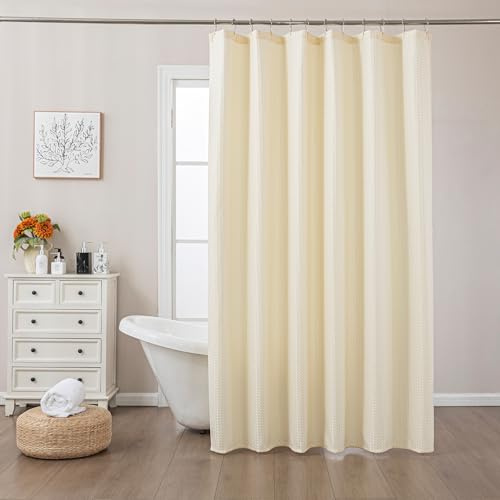 Sonive Waffel Duschvorhang mit Ösen H200xB180cm Wasserabweisend | Waschbar Polyester Badevorhänge für Badezimmer Beige