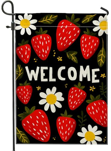 Bandera de jardín de fresas de bienvenida, decoración floral negra de verano al aire libre, pancarta de doble cara para el hogar, decoración de césped, perfecta para fiestas, 12 x 18 pulgadas