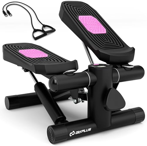GOPLUS Mini-Stepper, Fitness-Stepper mit Widerstandsbändern, rutschfeste Pedale, hometrainer, Swingstepper höhenverstellbar bis 100kg belastbar, Ganzkörpertraining für Home Office (Schwarz)