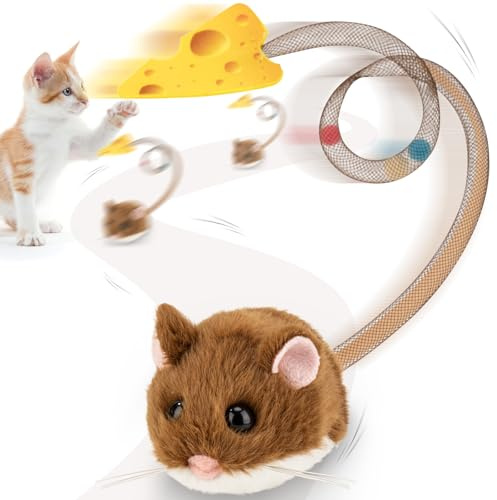 Migipaws Giocattolo interattivo per gatti, topolino elettrico con coda che si muove, sensore intelligente, squittio, giocattolo per gatti con erba gatta, ricaricabile