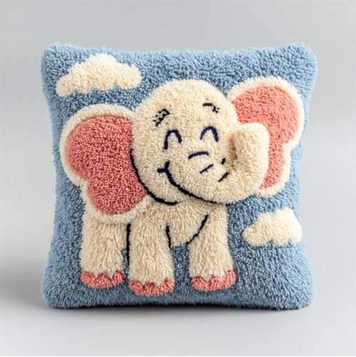 Taxpy Knüpfhaken Kissen Kits Für Kinder,Lächelnder Elefant 43X43Cm Diy Knüpfteppich Zum Selber Knüpf-Sets Kissenbezug Teppich Stickerei Set, Latch Hook Kits