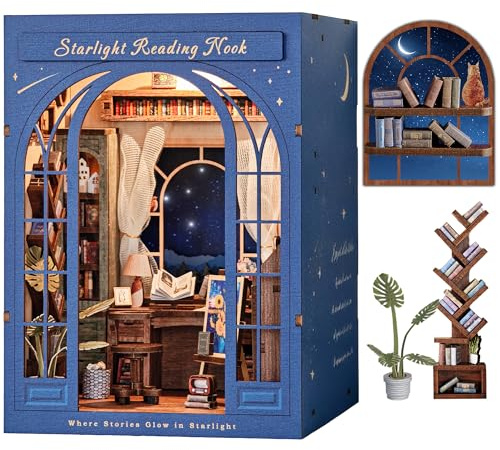 DolphinIsle Kit per libri per adulti, fai da te per libreria, decorazione 3D, puzzle in legno con luce stellata, angolo di lettura con cielo stellato scintillante