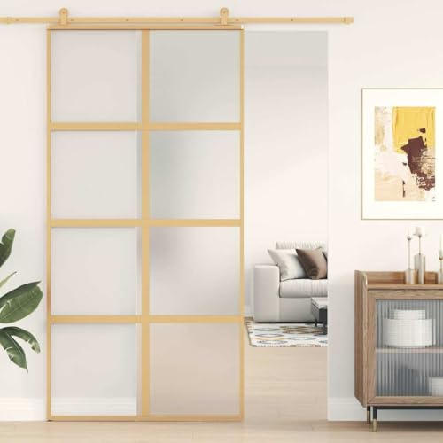 QJBSAVVA Schiebetür mit Zarge aus Matt ESG Glas und Aluminiumrahmen in Gold 102,5 x 205 cm, platzsparend geräuschlos für Wohnzimmer Büro Schlafzimmer Flur