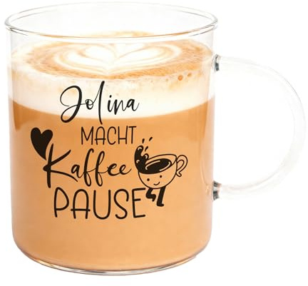 Herz & Heim® Leonardo Tasse aus Glas personalisierbar mit Name – XL Glastasse für Tee oder Kaffee – Geschenkidee mit Spruch (Kaffeepause)