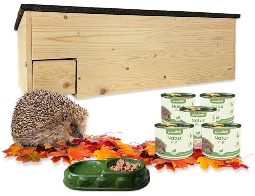GARTENETAGE Igel-Fütterungsset XXL mit Igelhaus & Rattenklappe – Sicheres Igelhaus für Garten, wetterfestes Igelfutterhaus mit Futterstation & Premium Igelfutter für Überwinterung