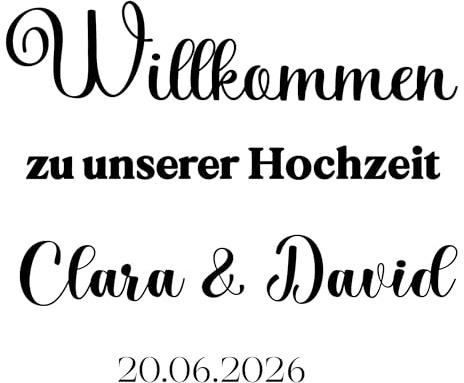 Hochzeit Aufkleber Personalisiert – Willkommen Schriftzug mit Namen & Datum – Vinyl Sticker für Hochzeitsdeko Tischdeko Auto Gastgeschenke Sektglas – 18 Schriftarten 27 Farben – Wetterfest – Prakto