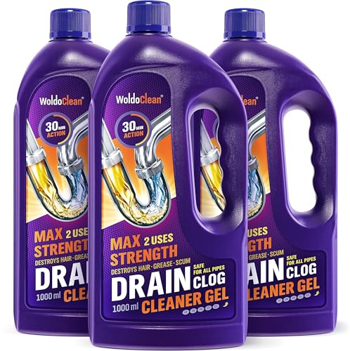 WoldoClean Avlopps- & Rörreiniger Gel 3 x 1000ml - extremt stark mot hår & fett, friar rör i kök & bad, för dusch, handfat & badkar, sjunker genom stillastående vatten