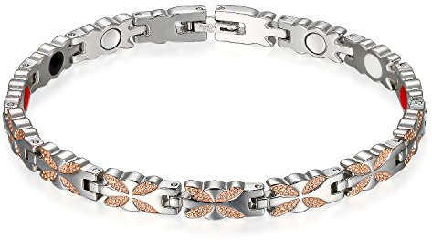 Flongo Bracelet pour Femme en Acier Titane Charme Papillon Pierre Magnétique Lien Poignet Argent Rose Chaîne de Main Fantaisie Bijoux