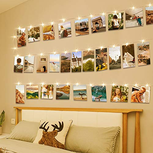 litogo 50 LED Photo Clip String Lights, 5M Photo Peg Fairy Lights with 30 Clips Indoor Battery Powered Silver Wire Hanging String Photo Frames Decoration for Bedroom Wedding Party Christmas Photo