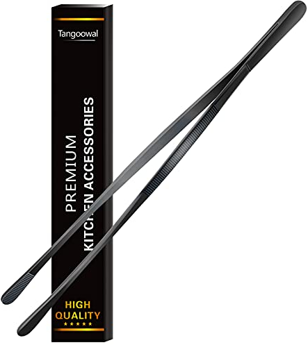 12-Inch Professional Kitchen & Cooking Tweezers Tongs - Stainless Steel Long Tweezer Tongs - Black Coated - BBQ,Plating,Multi-use
