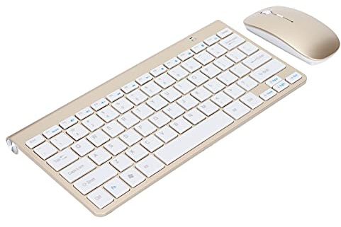 cigemay Mouse con Tastiera Wireless Rechargeabe, Tastiera e Mouse Ergonomici Portatili Ultrasottili 2.4G USB con Piedino Antiscivolo, per Notebook, Desktop(oro)