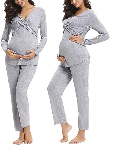 Irdcomps amningskyjamas, dam, lång amningskyjamas, bomull, gravidpyjamas, amningsfunktion, nattkläder, långärmad, vinter, S–XL, GRÅ, XL