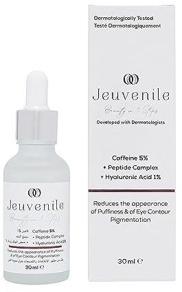 Jeuvenile Augenserum mit 5% Koffein - Augenringe und Tränensäcke Enterfernen mit Niacinamide und Peptidkomplex, Hyaluronsäure Serum Hochdosiert für Anti-Aging-Pflege und Strahlende Augenpartie | 30 Ml