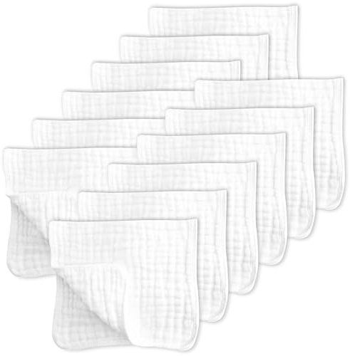 SWEET DOLPHIN 12 Pack Muslin Burp Cloths Large 100% Cotton Hand Washcloths for Baby - Baby Essentials Extra Absorbent and Soft Boys & Girls Milk Spit Up Rags for Newborn Registry - White, 20 X10