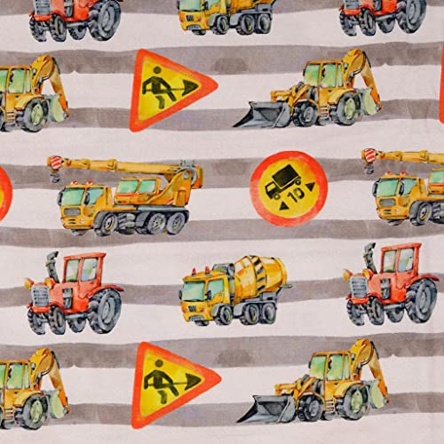 Jersey Stoffe Bagger Baustelle Schilder Steifen weiß grau 0,50m x VB