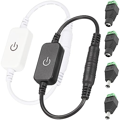 Youmile 2 Stück LED Strip Dimmer Switch, DC 12 V–24 V, LED-Touch-Inline-Dimmer, Taktschalter-Controller, Schwarz und Weiß, mit DC-Stecker und -Buchse für einfarbige emittierende Diodenstreifen