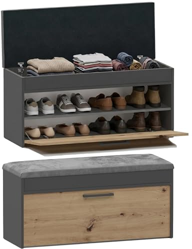 CDF Schuhschrank mit Sitzbank und Stauraum Flurbank Sitzkissen Schuhkommode Garderobenbank mit Kipptür Flurmöbel modern Aufbewahrung 100 x 35 x 49 cm - Anthrazit/Eiche Artisan