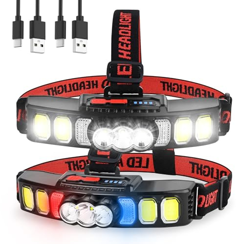 Headlamp 2 Pack LED Rechargeable Head Torch with 6 Modes, Red Light 18000 High Lumen Headlight, Bright Head Lamp IPX5 Waterproof USB Head Torches for Outdoor Fishing, Hiking, Camping, Running