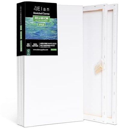 Elan Keilrahmen Leinwand 30x60, 6er Set Leinwände zum Bemalen 280g/m² | 6er-Set 30x60 CM, 100% Baumwolle Leinwand zum Bemalen, Säurefrei, Dreifach Grundiert für Acrylfarben, Gouachefarben