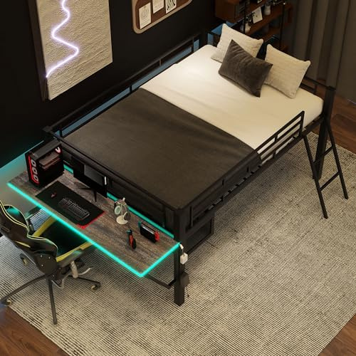 Brisca Full Size Gaming Mid Loft Bed with Desk and LED Design,Bedroom Metal Bed Frame W/Slat Support & No Box Spring Required,Easy Assembly,for Kid Boy Girl Teens,Black