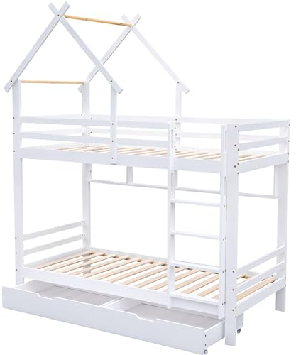 kubeier Hochbett Baumhaus für Kinder, Etagenbett 90 x 200 cm, Kinderbett mit Leiter & 2 Lattenrost, Massivholz Jugendbett mit Schubladen und Regalen, Rahmen aus Kieferholz, Weiß