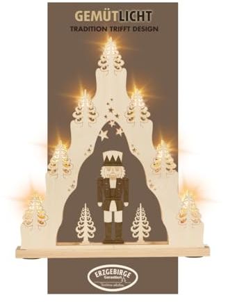 weigla - Lichterspitze original Erzgebirge I Motiv Nussknacker I Lichterbogen Weihnachten I 7 Lampenkerzen + 1 Ersatzlampe I 7 x 34 V, 3 W, E10 I beleuchtete Weihnachtsdeko innen I aus Holz