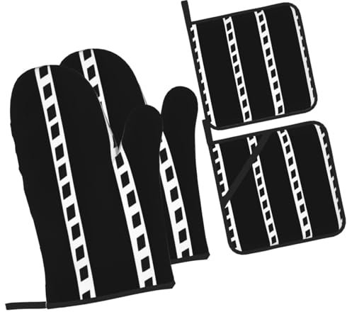 Schwarz-Weiß-Film-Poster, Ofenhandschuhe und Topflappen, hitzebeständig, Ofenhandschuhe und Topflappen, Grillhandschuhe, heiße Pads, Kochhandschuhe für Küche, Backen, Grillen, 4-teiliges Set