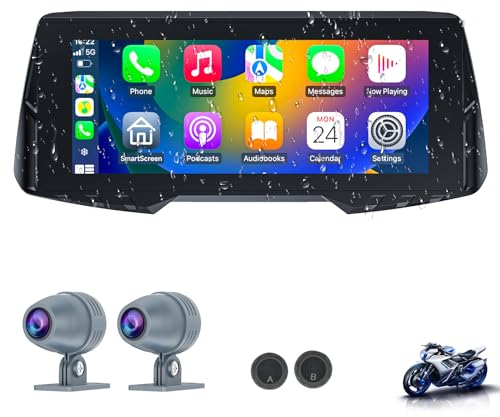 Spedal CL876 Motorrad CarPlay mit Dash Cam Vorne & Hinten, 6,86 Zoll Wireless Apple CarPlay ＆ Android Auto Bildschirm, 1080P Dual-Kameras, TPMS, Siri & Google Sprachsteuerung (64G TF-Karte Enthalten)