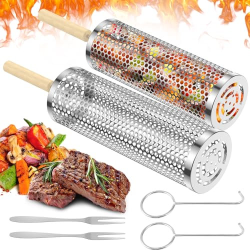 2 cestas de parrilla rodantes con mango de madera, parrilla de barbacoa de acero inoxidable, cestas de cocina con gancho, tenedor, accesorios de barbacoa para verduras, carne (A)