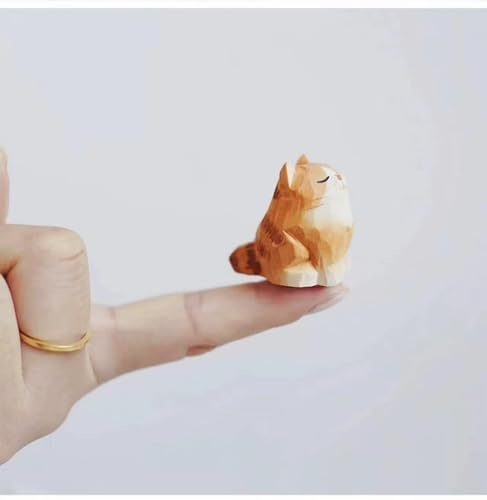 ShaoAngDuoMi Small Hand Carved Wooden Orange Cat Figurine – 1.4 Cute Handmade Tabby Cat Statue for Desk & Home Decor, Collectible Wood Animal Gift for Cat Lovers