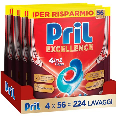Pril Excellence 4in1 Caps, Detersivo Lavastoviglie in Caps a dissoluzione rapida, formato da 56x4 (224 capsule)