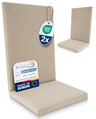 Beautissu 2er Set Premium Hochlehner Auflage 100% Wasserdicht 120x50cm – UV-beständig Bequem Pflegeleicht Waschbar Sitzkissen Gartenstuhl – Quick Dry Polsterauflage Gartenmöbel Stuhlauflage Beige