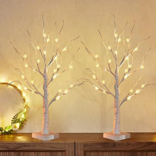 Lot de 2 Arbre Lumineux LED, 60cm/2ft Lumières de Bouleau avec 24 LEDs Lumières d'arbre de Noël,USB/Batterie Arbre Lumineux en Bouleau Blanc Chau,Branches Réglables pour Fête,Pâques,Décoration de Noël