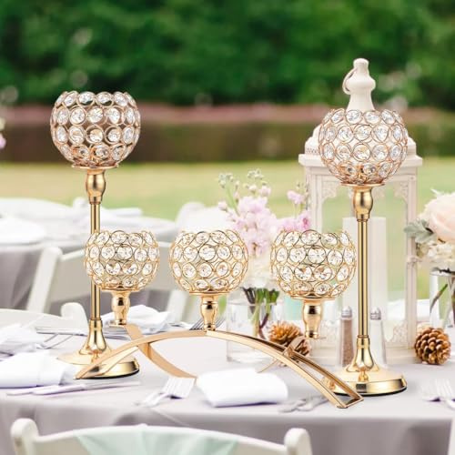VINCIGANT Wedding Candle Holder Gold Crystal Candle Holders Set of 8 with 4Sets Crystal Candelabra 3 Arm Candlesticks Holder Table Centerpiece,Candelabra Centerpieces for Party Home Living Room Decor