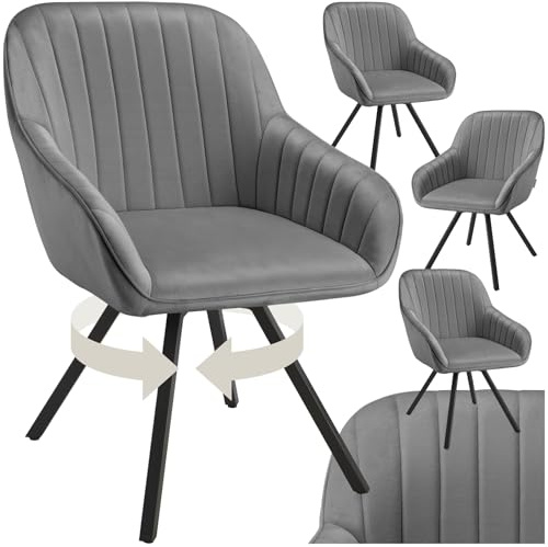 tectake® drehbare Esszimmerstühle mit Armlehne, Schalenstuhl ergonomisch mit Samt Bezug, gesteppt, Stühle drehbar für Wohnzimmer, Esstisch, Arbeitszimmer, Schminktisch, Küchenstühle - 4er Set, grau